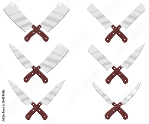 Set of crossed butcher chef meat knives knife cleaver. For adventure hunting butchery deli restaurant business bistro shop. Two knives crossed, kitchen knives