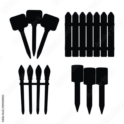 Garden fence, plant markers, and stakes vector silhouette