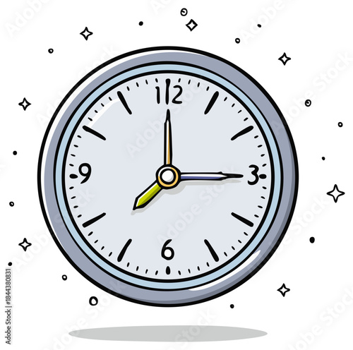 Cartoon Wall Clock Illustration Showing Time at Quarter Past Twelve