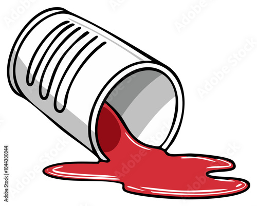 Illustration of overturned paint can with spilled red paint, painting tools concept