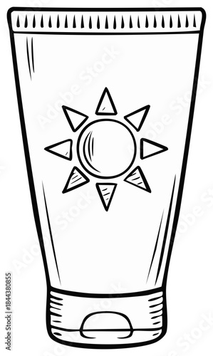 Hand drawn doodle style sunscreen bottle illustration with sun icon for summer beach protection