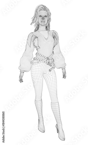 A fashionable girl in a white shirt and pants is visualized as a 3D wireframe model, featuring a stylish hairstyle and heels against a clean white background.