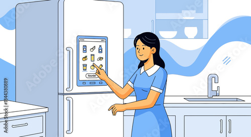 Woman using smart fridge to order groceries offering a seamless and modern shopping experience