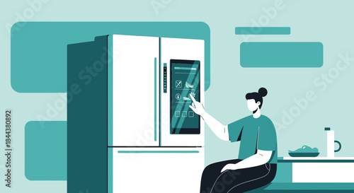 Woman using smart refrigerator in her kitchen, modern technology and kitchen appliance concept,