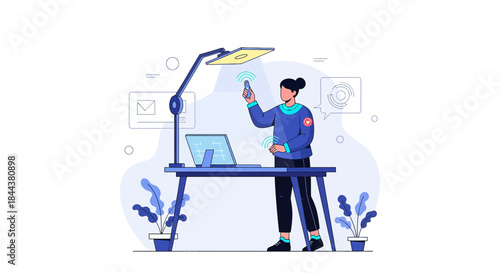 Woman using smart home device to control lighting in minimalist office workspace