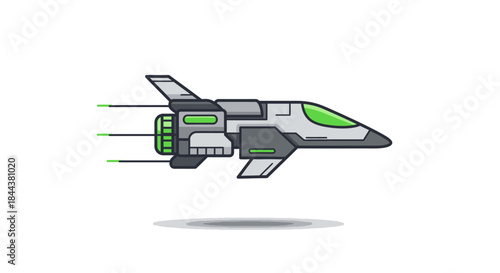 This dynamic vector illustration features a high-tech, grey and green spaceship in flight, perfect for sci-fi themes, gaming, and futuristic design projects.
