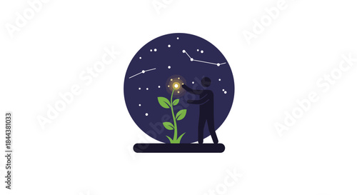 Silhouette of a person reaching for a glowing flower under a starry night sky, symbolizing growth and discovery.