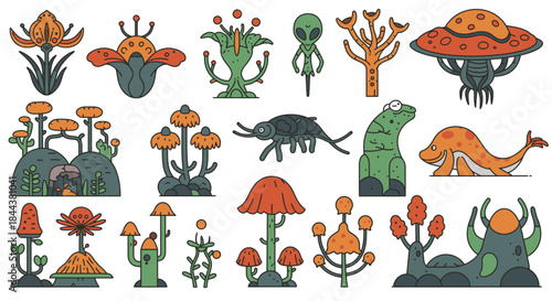 A vibrant collection of whimsical alien plants, fantastical creatures, and otherworldly landscapes, rendered in a unique vector illustration style for creative projects.