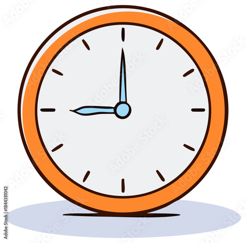 Simple analog clock with an orange frame showing nine o'clock hand drawn cartoon vector illustration