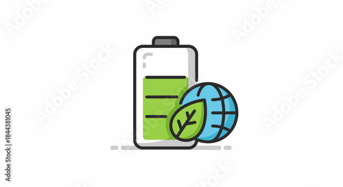 Icon representing green energy and sustainable power solutions with a battery and a leaf.