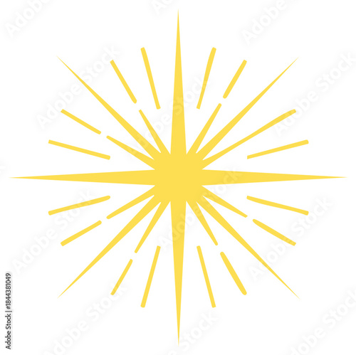 Stylized yellow sunburst icon with shining star and light rays illustration