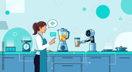 Woman using voice commands and robot assistance for smart kitchen automation tasks