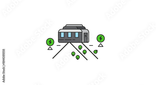 A sleek electric train illustration on tracks, powered by renewable energy, represents sustainable urban mobility and environmentally conscious transportation solutions.