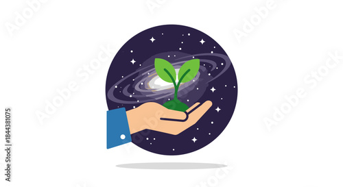 An illustrative hand carefully holds a vibrant green plant sprout, symbolizing new life, environmental care, and sustainable growth against a stunning galaxy backdrop.
