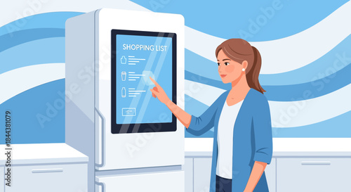 Woman utilizing a smart refrigerator for efficient meal planning and grocery management
