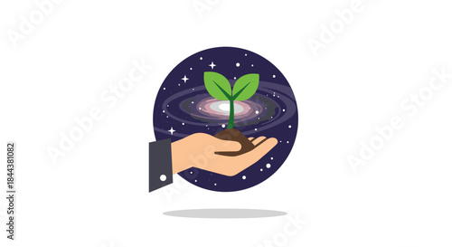 A human hand gently cradles a vibrant green seedling emerging from soil, set against a cosmic galaxy, symbolizing the delicate beginnings of life and universal growth.