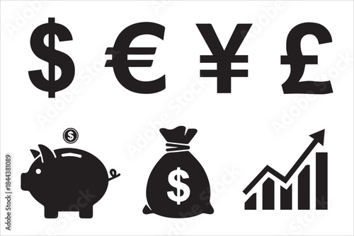 Vector  Finance icons.  money signs. Money silhouette collection. Piggy bank flat style icons set
