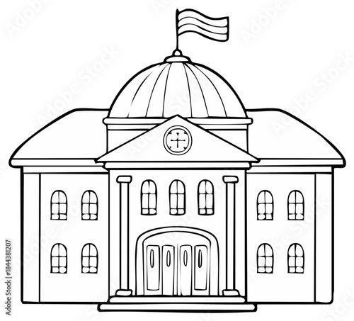 Illustration of grand government building with dome, columns and flag for coloring page design
