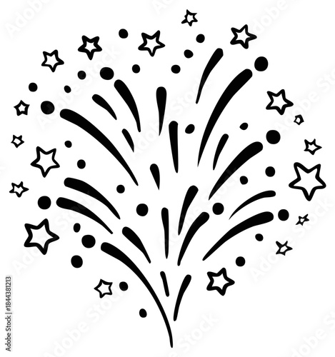 Stylized fireworks explosion with radiating lines dots and stars celebrating festivity