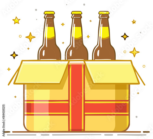 Festive cartoon illustration of three beer bottles inside a gift box with a red ribbon and golden sparkles
