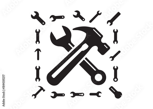 hammer and wrench logo silhouette vector, hand tool logo silhouette illustration, construction equipment logo, repair service wrench crossed over a hammer logo silhouettes vector on white background 