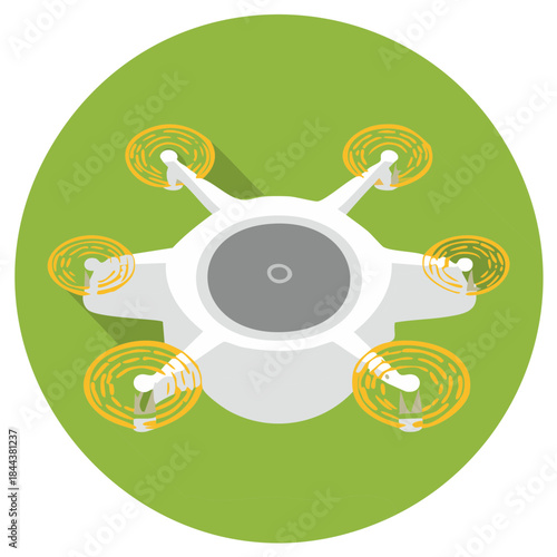 Top-down view of a white hexacopter drone, with visible rotating propellers, illustration on a green circle