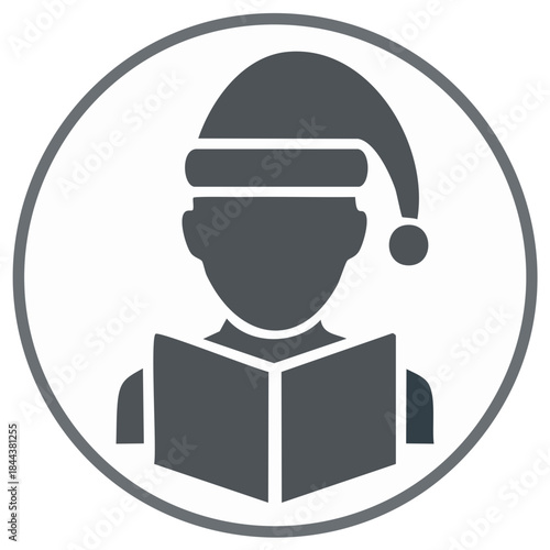 Silhouette of a person wearing a Santa hat reading a book inside a circle icon