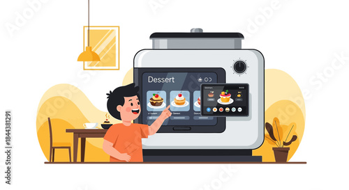 Young baker selecting a virtual dessert recipe on a smart kitchen appliance screen interface