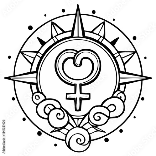 Stylized compass rose with astrological symbol for Venus and celestial elements in black and white line art