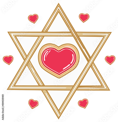 Gold Star of David with a large central red heart and surrounding small hearts
