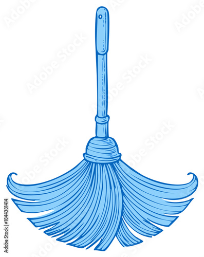 Blue dust mop cleaning tool with flowing fibers and handle in a sketched style