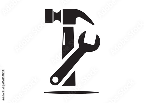 hammer and wrench logo silhouette vector, hand tool logo silhouette illustration, construction equipment logo, repair service wrench crossed over a hammer logo silhouettes vector on white background 