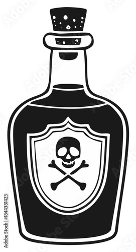 Glass potion bottle with skull label and cork stopper in black and white style