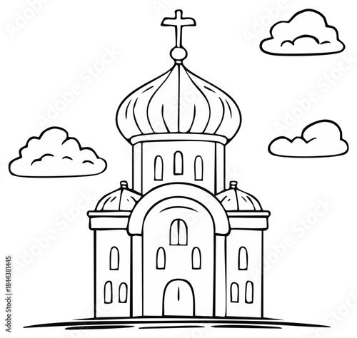 Stylized Orthodox church icon illustration with cross and clouds outline for painting and print project