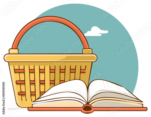 Illustration of a picnic basket and open book, with cloud and circle backdrop.