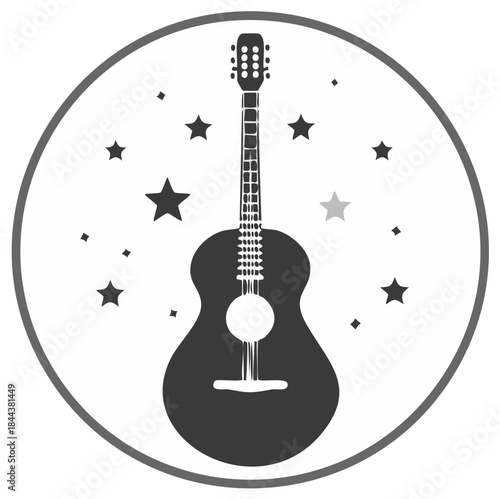 Acoustic Guitar Illustration with Stars in a Circle