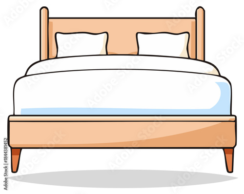Comfortable bed with pillows and white sheets in a simple cartoon style