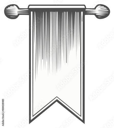 Vintage style blank banner or pennant drawing with pole and finials in an etching style