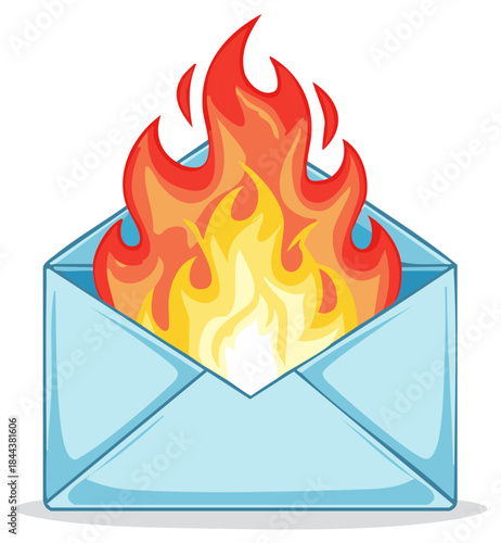 Open blue envelope on fire with hot flames symbolizing urgent news, spam, or a crisis communication