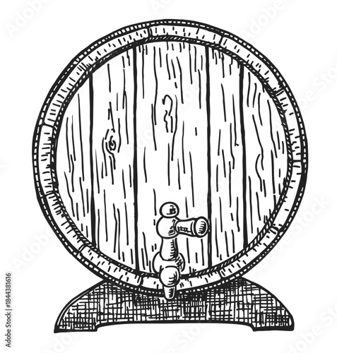 Wooden barrel. Black and white vintage engraving illustration isolated on white background