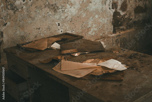 Foto Abandoned rustic wooden furniture in deteriorated room - vintage interior decay