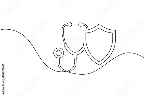 Continuous line drawing of a stethoscope and shield symbolizing health protection and medical insurance concept