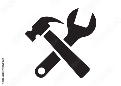 hammer and wrench logo silhouette vector, hand tool logo silhouette illustration, construction equipment logo, repair service wrench crossed over a hammer logo silhouettes vector on white background 