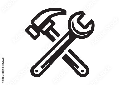 hammer and wrench logo silhouette vector, hand tool logo silhouette illustration, construction equipment logo, repair service wrench crossed over a hammer logo silhouettes vector on white background 