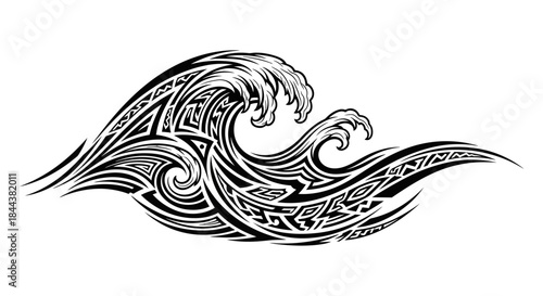 Tribal Wave Art: Bold Black and White Tattoo Design with Polynesian Elements