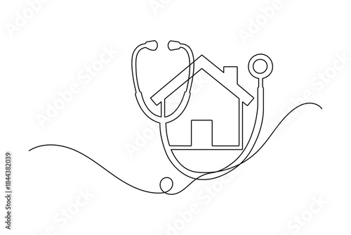 Home health check-up continuous one line drawing depicting medical care for a house