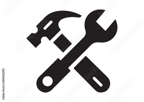 hammer and wrench logo silhouette vector, hand tool logo silhouette illustration, construction equipment logo, repair service wrench crossed over a hammer logo silhouettes vector on white background 