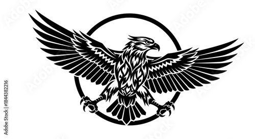 Striking black and white eagle emblem with outstretched wings and circle frame in the background