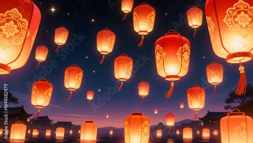 Glowing Red Lanterns Floating in Night Sky Festive Illustration