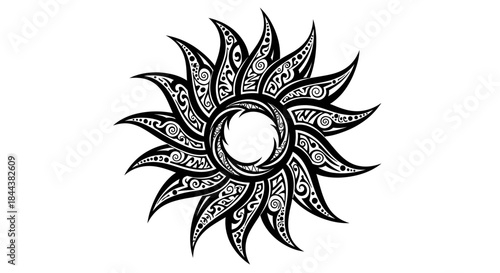 Detailed tribal sun vector illustration featuring intricate swirls and curves a timeless design